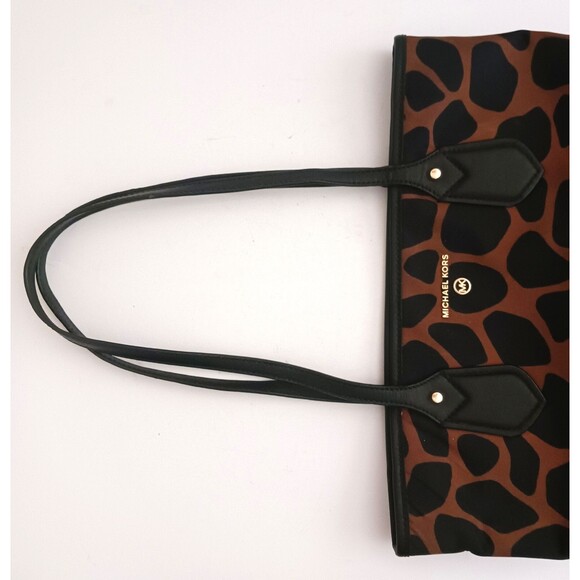Michael Kors Eva Tote Brown Black Animal Print Nylon Blk Leather Trim - Picture 5 of 11